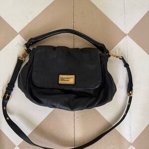 Marc Jacobs Black Pebbled Leather Crossbody with Gold Plaque